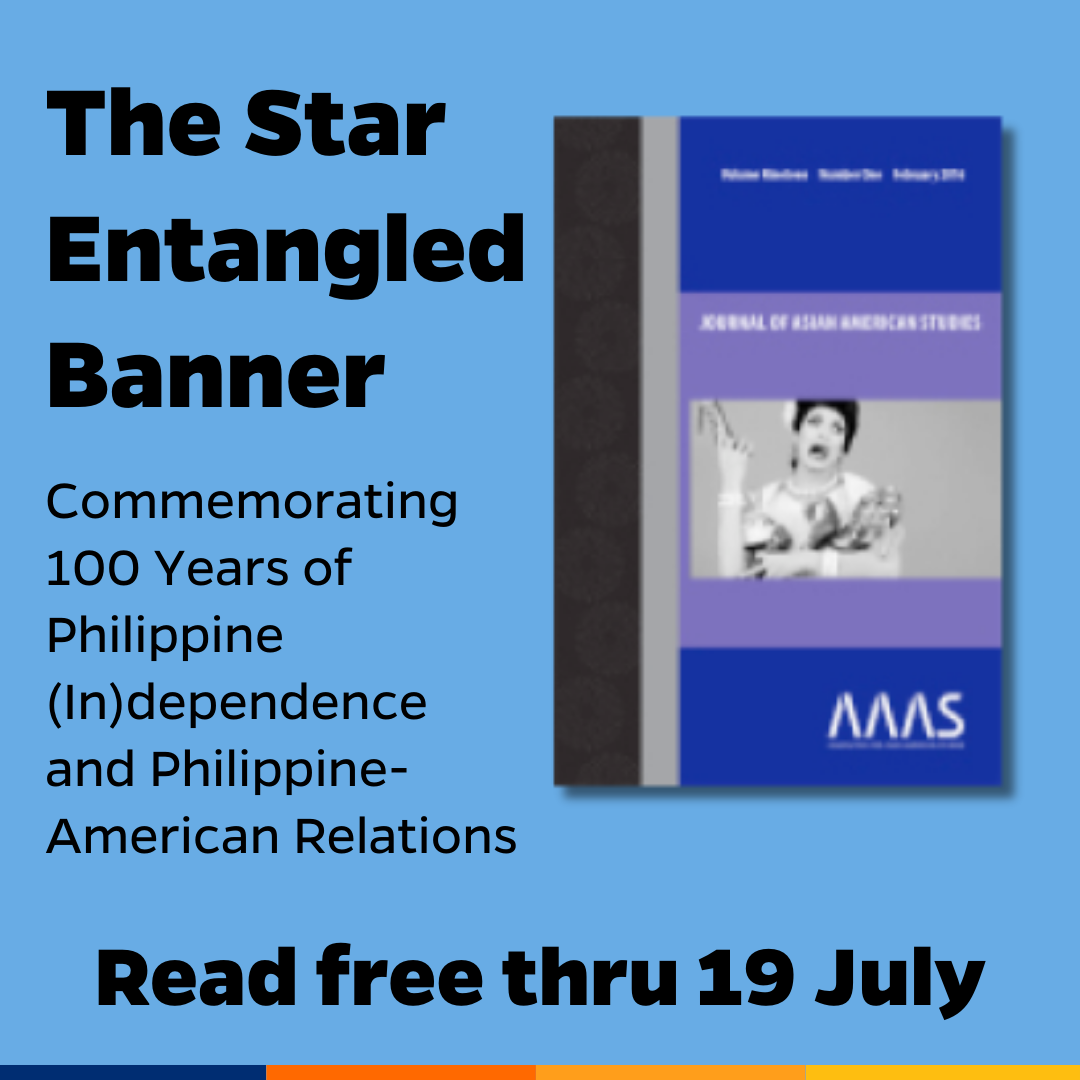 Promotional tile featuring the October 1998 cover art from Journal of Asian American Studies and the text:  The Star Entangled Banner: Commemorating 100 Years of Philippine (In)dependence and Philippine-American Relations Read free thru 19 July