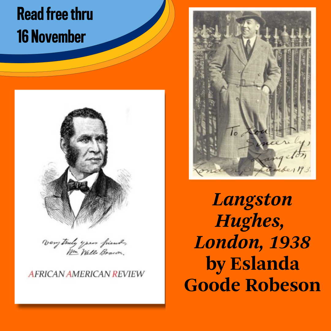 Promotional tile featuring the cover art from the Spring 2024 issue of African American Review, the titular photograph of Langston Hughes, and the text:  Read free thru 16 November  Langston Hughes, London, 1938 by Eslanda Goode Robeson