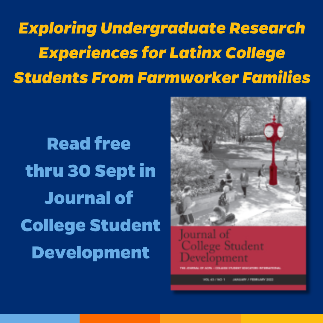 Promotional tile featuring the cover art for the Journal of College Student Development and the text: "Exploring Undergraduate Research Experiences for Latinx College Students from Farmworker Families" Read free thru 30 September in Journal of College Student Development