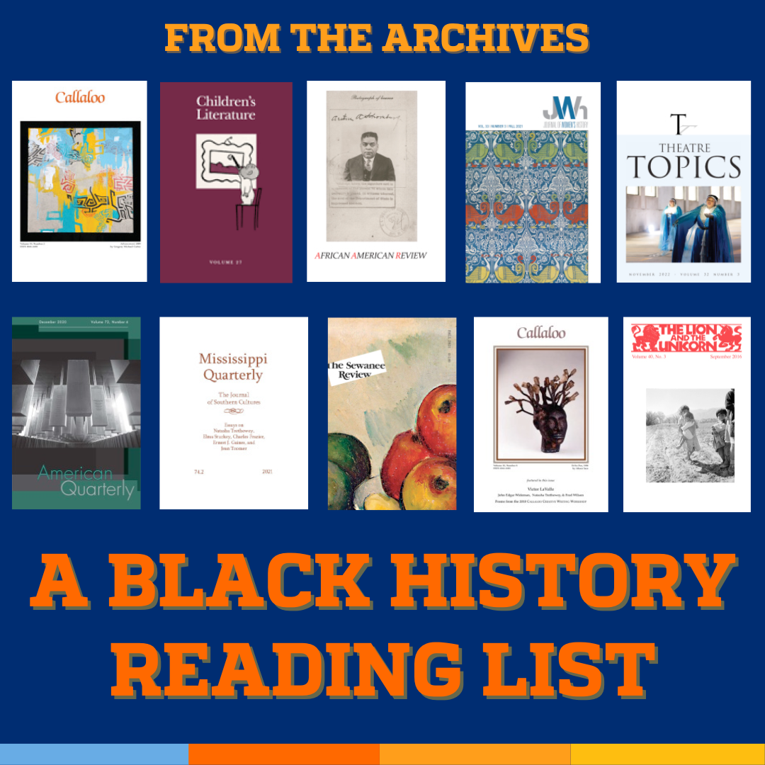 Promotional tile featuring text From the Archives - A Black History Reading List and collage of covers of included journals