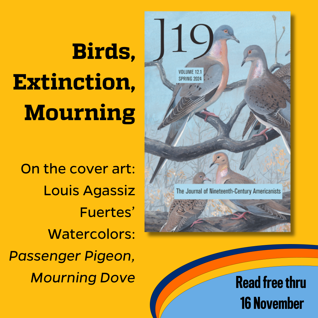 Promotional tile featuring cover art from the Spring 2024 issue of J19 and the text:  Birds, Extinction, Mourning On the cover art:  Louis Agassiz Fuertes’ Watercolors: Passenger Pigeon, Mourning Dove Read free thru 16 November