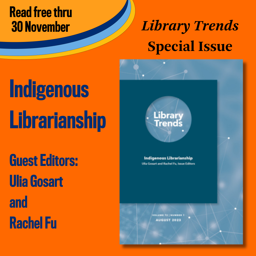 Promotional tile featuring cover art from the current special issue of Library Trends and the text:  Read free thru 30 November  Library Trends Special Issue  Indigenous Librarianship  Guest edited by Ulia Gosart and Rachel Fu