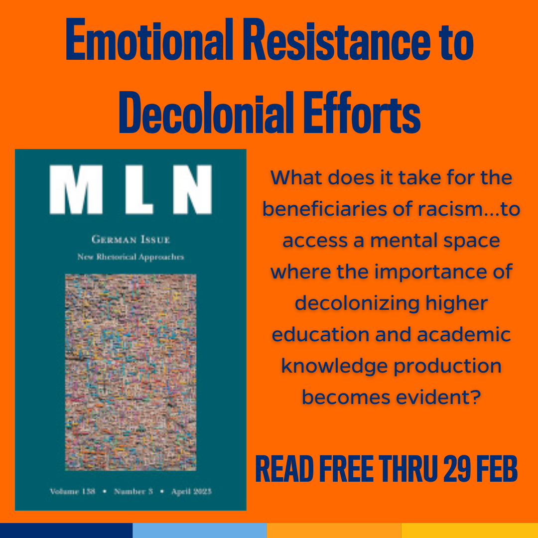 Promotional tile featuring cover art from the latest edition of MLN, and the text:   Emotional Resistance to Decolonial Efforts What does it take for the beneficiaries of racism…to access a mental space where the importance of decolonizing higher education and academic knowledge production becomes evident? Read free thru 29 Feb