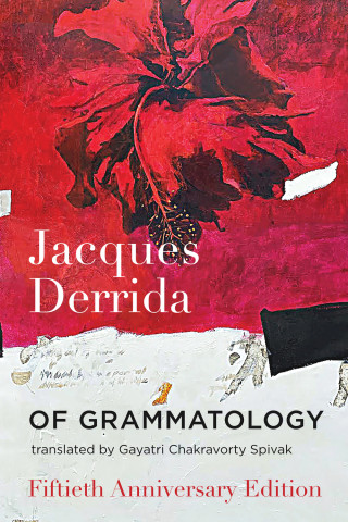 Cover of "Of Grammatology" by Jacques Derrida, featuring a bold red and white textured painting of a hibiscus flower and traces of handwriting.