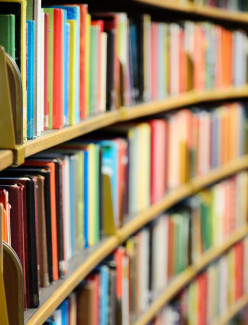 Books on shelves in a library