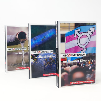 Book covers for three Critical Conversation series books: The Conversation on Gender Identity, The Conversation on Biotechnology, and The Conversation on Water