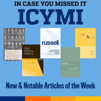 Promotional Tile reading "In Case You Missed It: New & Notable Articles of the Week" featuring cover art for recent editions of Bulletin of the History of Medicine, New Literary History, Russell, Ariel, and Theory & Event