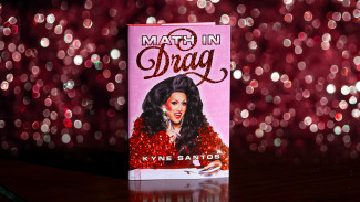 Math in Drag book on a sparkly red background featuring drag queen Kyne Santos