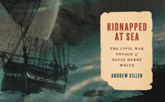 Book cover of Kidnapped at Sea featuring a painting of a nineteenth-century ship in the sea