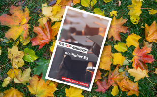 The book cover of The Conversation on Higher Education, lying on top of a bed of autumnal leaves