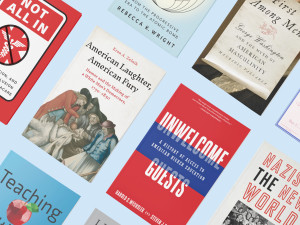 Various books by Hopkins Press on a light blue background.
